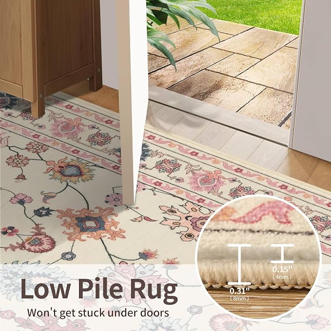 Rugxara Pink Rug for Living Room Bedroom, Floral 4x6 Washable Rug, Vintage Boho - Image 6