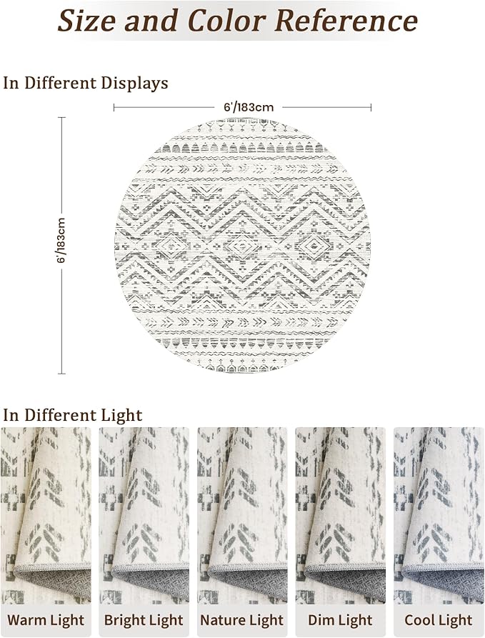 Miukiki Round Rugs 6ft for Living Room Moroccan Washable Circle Rug Non Slip - Image 2