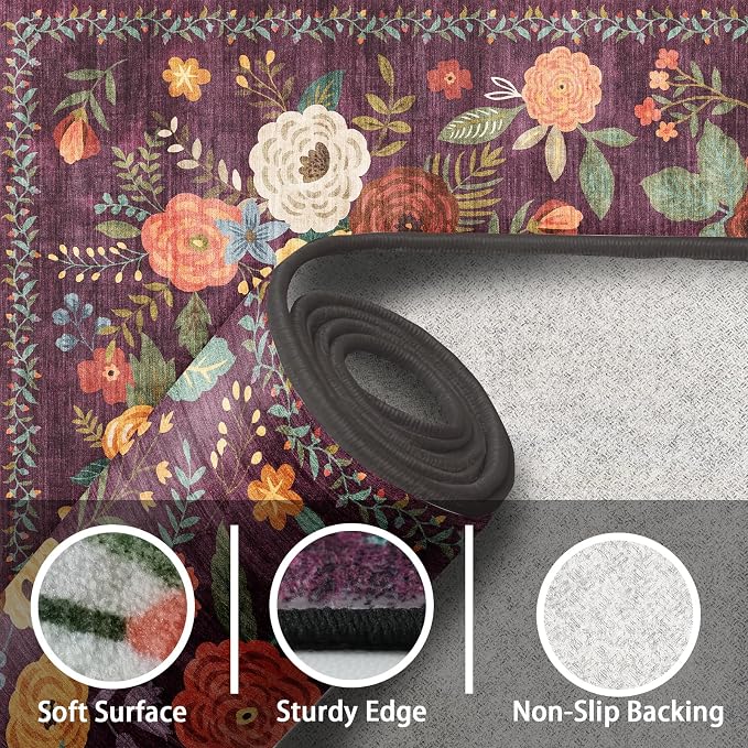 Area Rug 4x6 Rug Washable Boho Rugs Non Slip Low Pile Floral Small Carpet - Image 3