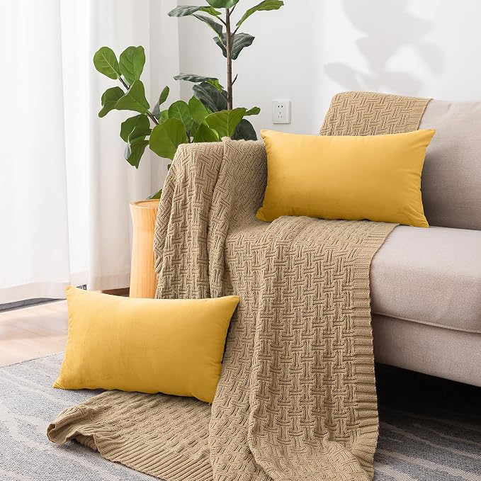 NiNi ALL Decorative Throw Pillow Covers Velvet 12x20 Inch Pack of 2 Yellow - Image 3