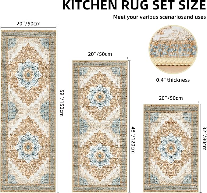 Tritard 100% Non Slip Kitchen Rugs Sets of 3 Washable Boho Kitchen Mats - Image 2