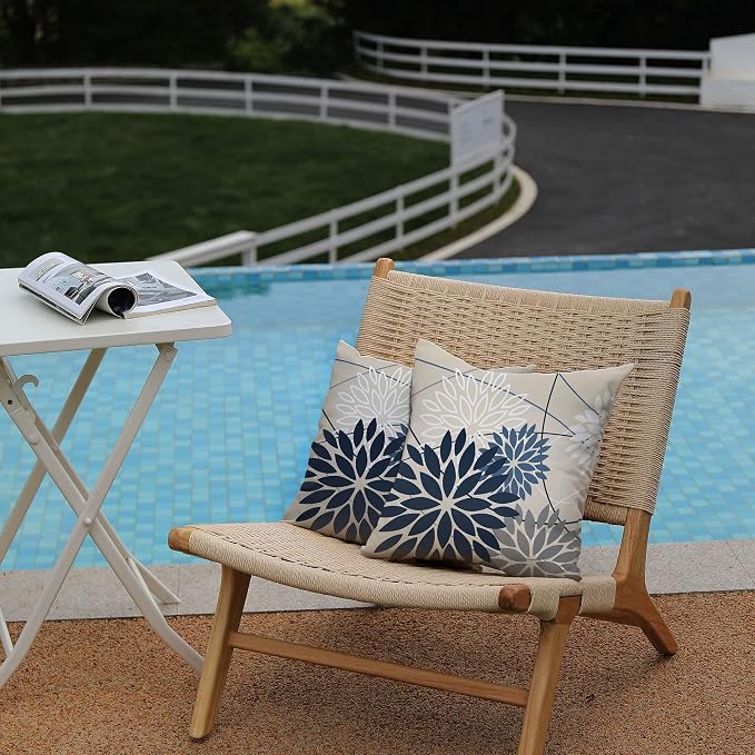 Blue and Gray Floral Pillow Covers 22x22 Set of 2 Outdoor Waterproof White - Image 3