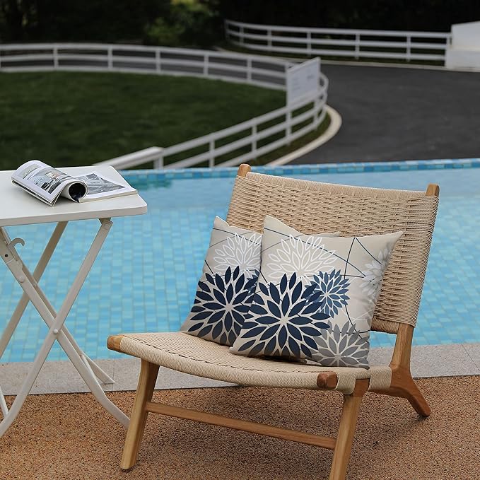 Blue and Gray Floral Pillow Covers 16x16 Set of 2 Outdoor Waterproof White - Image 3