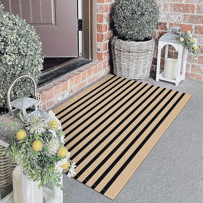 KOZYFLY Brown and Black Striped Porch Rug 27.5x43 Inches Area Rug Washable - Image 3