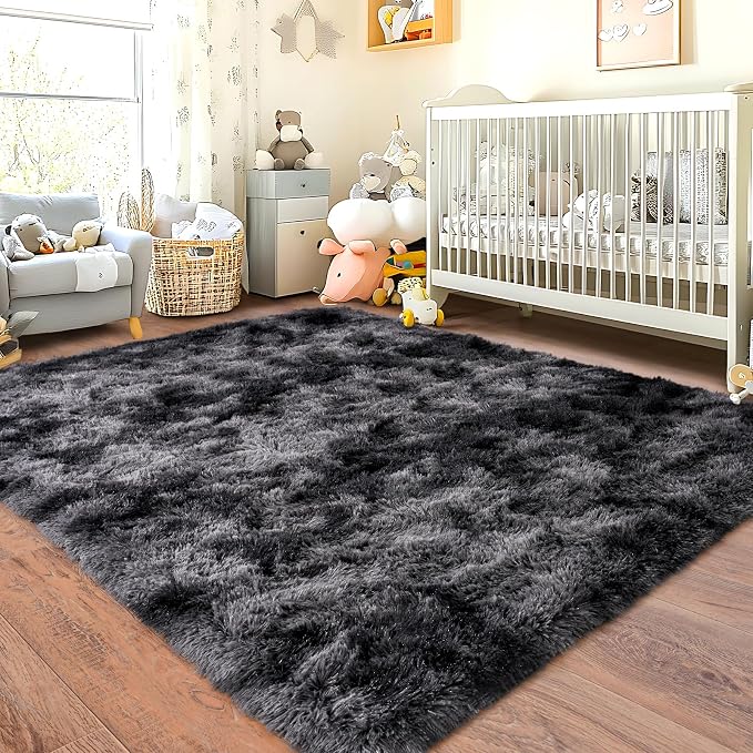 Tie-Dyed Black Grey Shaggy Rugs Fluffy Carpets, Indoor Modern Plush Area Rugs - Image 6
