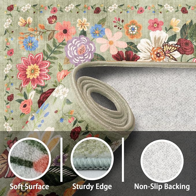 Green Area Rugs 10x14 Living Room, Non Slip Machine Washable Floral Rugs - Image 2