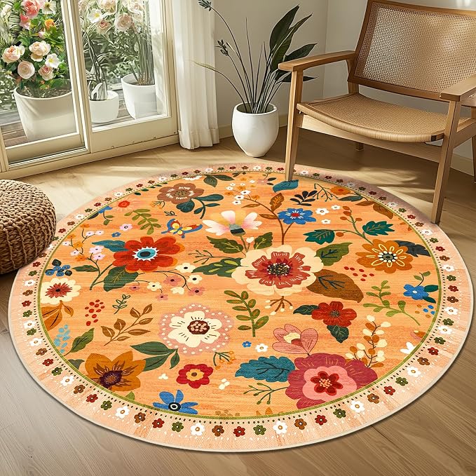RELEANY Floral Nursery 6ft Area Rugs Washable Print Boho Cute Carpet Non Slip - Image 9