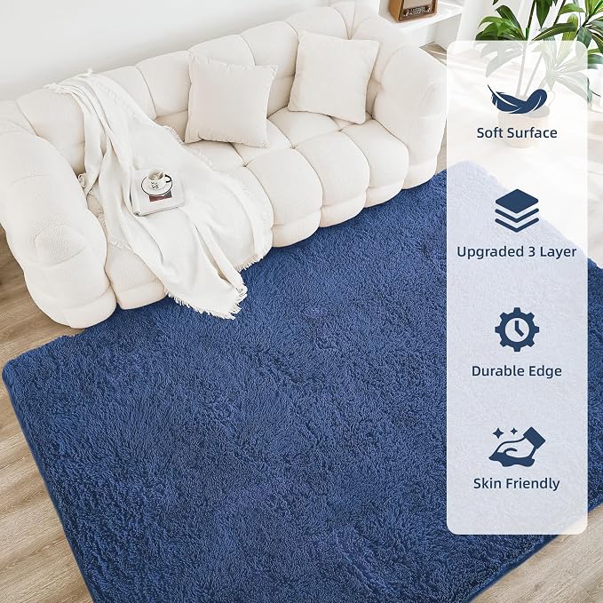 Litanika 5x8 Shag Area Rug for Living Room Bedroom, Dark Blue High Pile Ultra - Image 4