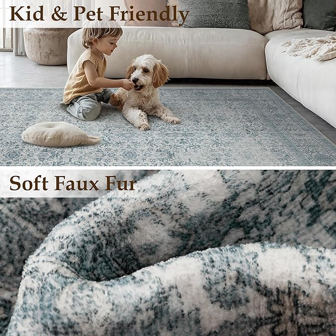 PureCozy Area Rug 5x7 Blue Washable Living Room Carpet Soft Non Slip Vintage - Image 5