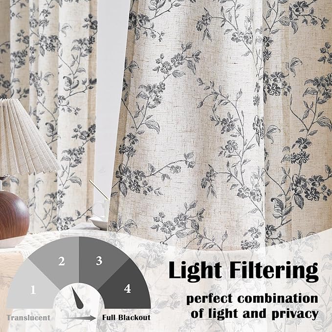 Lazzzy Black Floral Linen Curtains 84 Inch Farmhouse Back Tab Drapes - Image 2