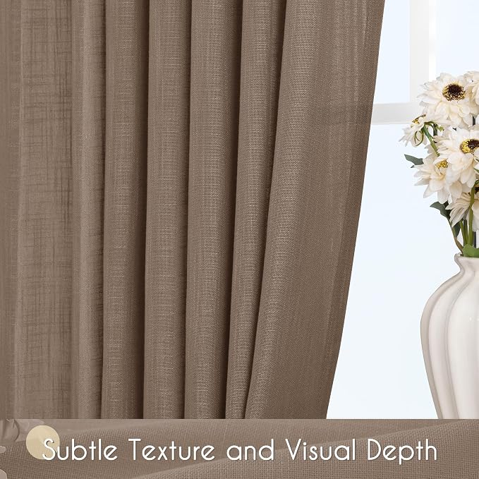 Chocolate Brown Linen Curtain 96 inch Length 2 Panels Set Back Tab Light - Image 3