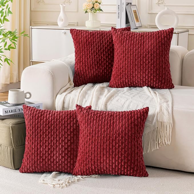 Set of 4 Burgundy Decorative Throw Pillow Covers 16x16 Inch Corduroy Pillow by Cozoomy