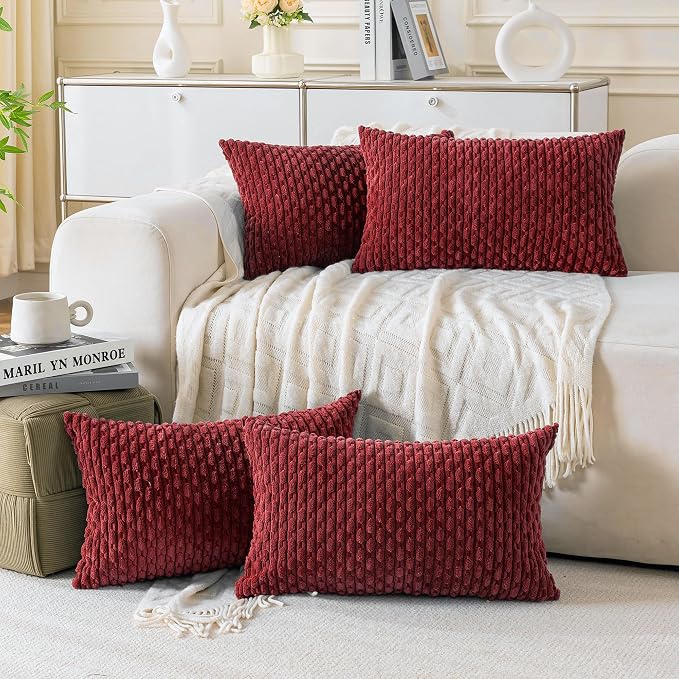 Set of 4 Burgundy Decorative Throw Pillow Covers 12x20 Inch Corduroy Pillow by Cozoomy