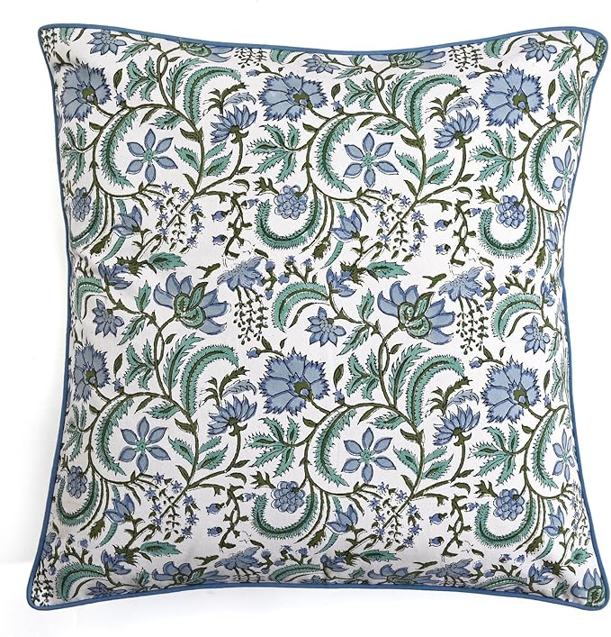 Ridhi Block Print Columbia Blue Pillow Cover 18" x 18" Decorative Couch Pillows - Image 5