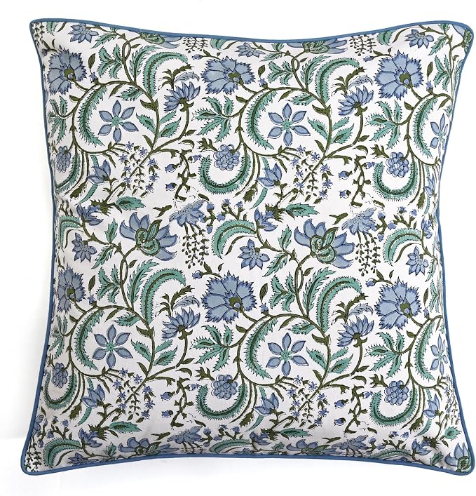 Ridhi Block Print Columbia Blue Pillow Cover 24" x 24" Decorative Couch Pillows - Image 4