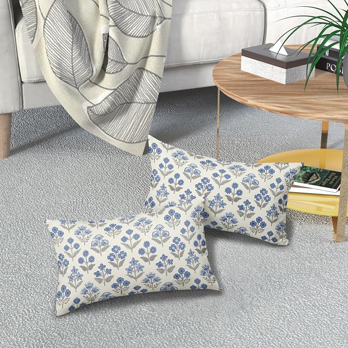 Blue Grey Gray Floral Pillow Covers 12x20 Inch Set of 2, Block Print Lumbar - Image 7