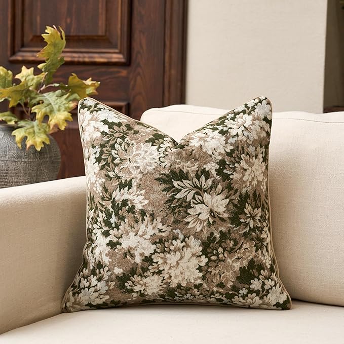 Yangest Neutral Floral Pillow Cover 24 x 24 Inches, Vintage Chenille Square by Yangest