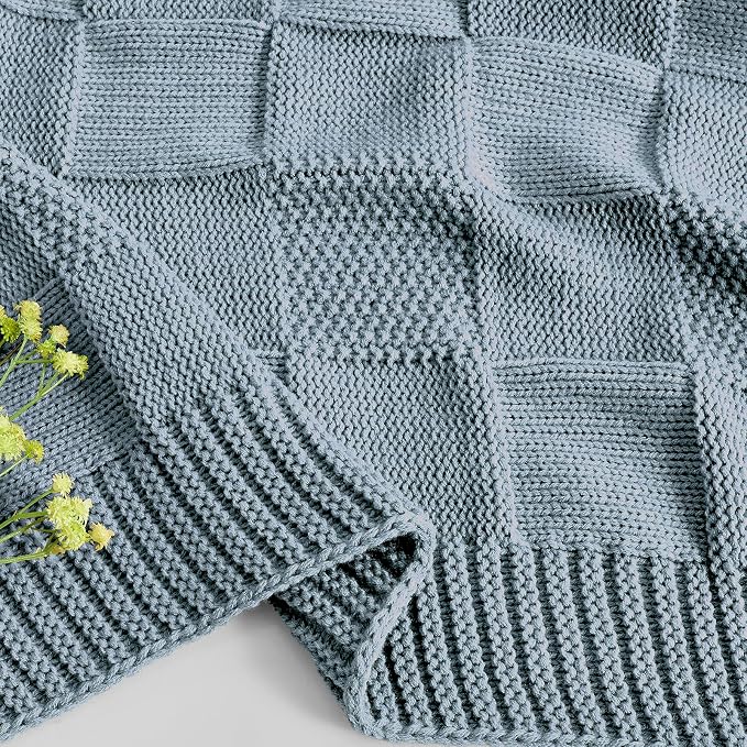 CozeCube Check Knit Throw Blanket, Dusty Blue Checkered Throw - Image 9