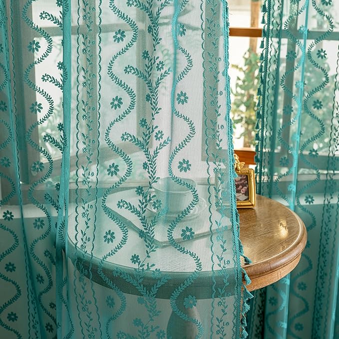 WAZZIO Boho Lace Curtains 2 Panels 45 Inch -Victorian Sheer Panel Drape French by WAZZIO