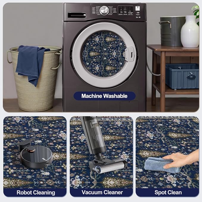 Tangsoo 4x6 Washable Area Rugs Non Slip, Boho Vintage Blue Floral Throw Rug - Image 6