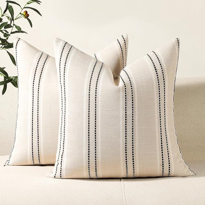 Hckot Throw Pillow Covers 22x22 Set of 2 Striped Pillow Covers Textured Linen by Hckot