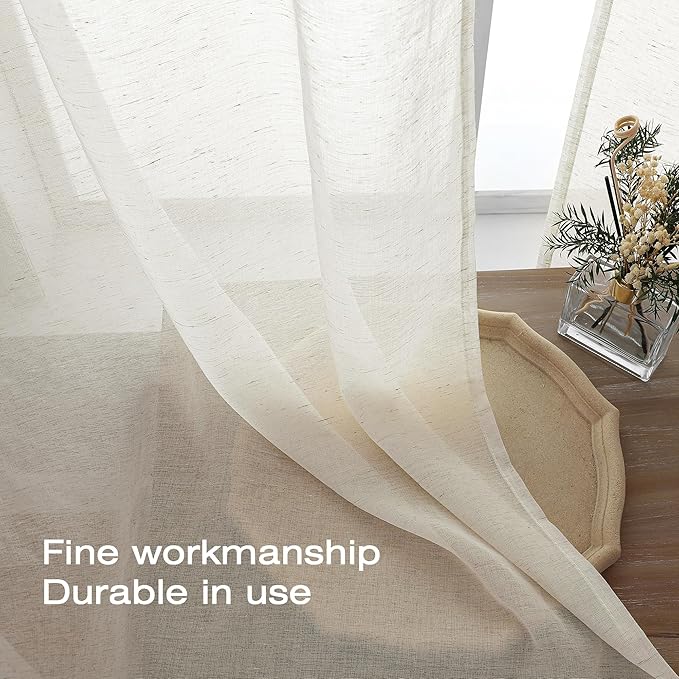 Simplebrand Natural Linen Textured Sheer Curtains 63 Inch Length 2 Panels - Image 6