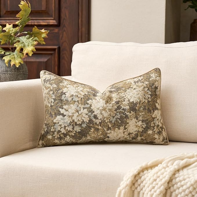 Yangest Neutral Floral Pillow Cover 12 x 20 Inches, Vintage Chenille Rectangle by Yangest