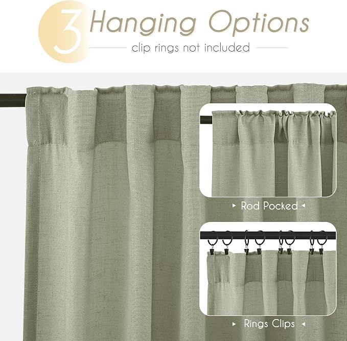 Linen Blend Sage Green Curtains 108 inch Length 2 Panels - Image 2