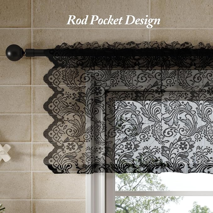 Rinwoc Black Lace Semi-Sheer Valance Curtains – Privacy Light Filtering Rod - Image 5