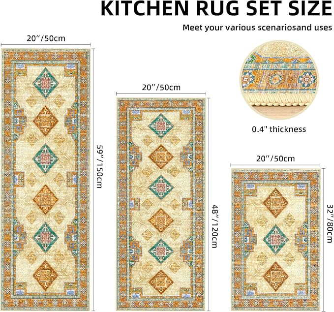 Tritard 100% Non Slip Kitchen Rugs Sets of 3 Washable Boho Kitchen Mats - Image 2