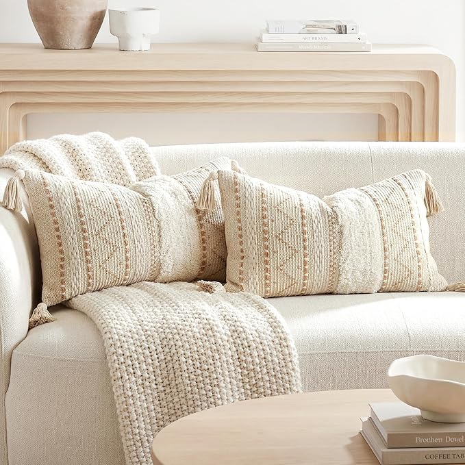 BlissBlush Decorative Lumbar Throw Pillow Covers 12x20 Combo Set of 2 Cream by BlissBlush