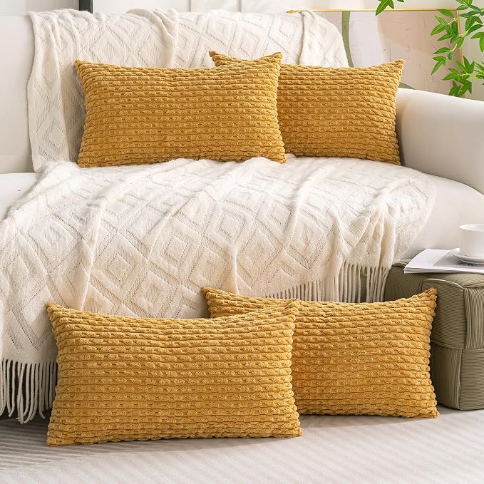 Set of 4 Mustard Yellow Decorative Throw Pillow Covers 12x20 Inch Corduroy - Image 2