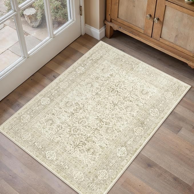 PureCozy Beige Entryway Rug 2x3 Vintage Area Carpet Indoor Kitchen Washable - Image 3