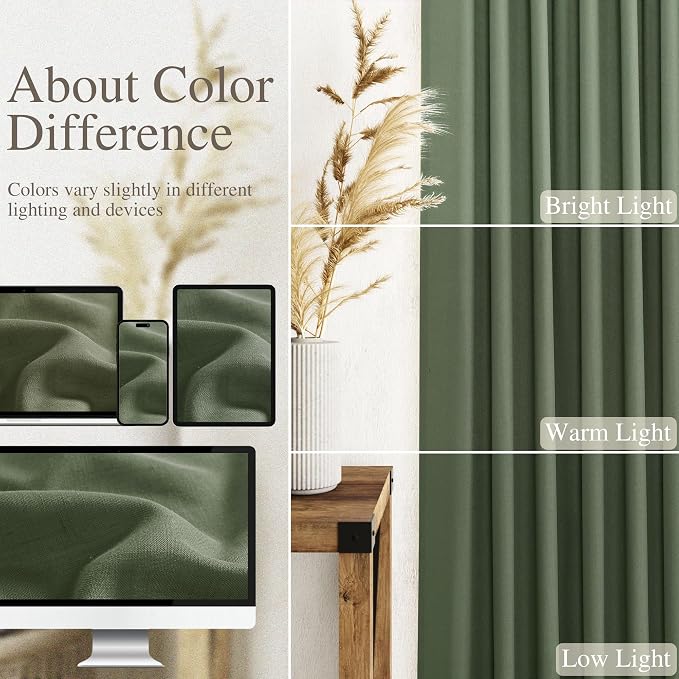 Nanspring Olive Green Linen Blend Semi Sheer Light Filtering Curtains 86 Inches - Image 4