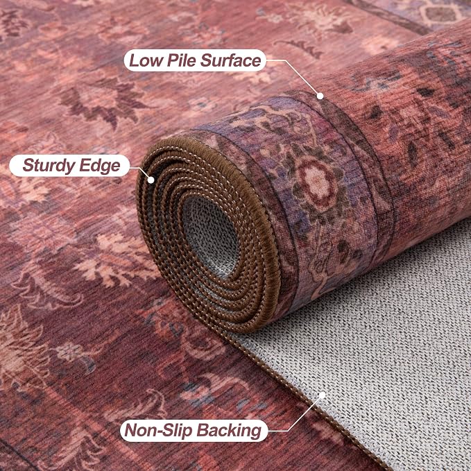 Tangsoo 5x7 Area Rug for Living Room Non Slip, Washable Vintage Red Floral Rug - Image 5