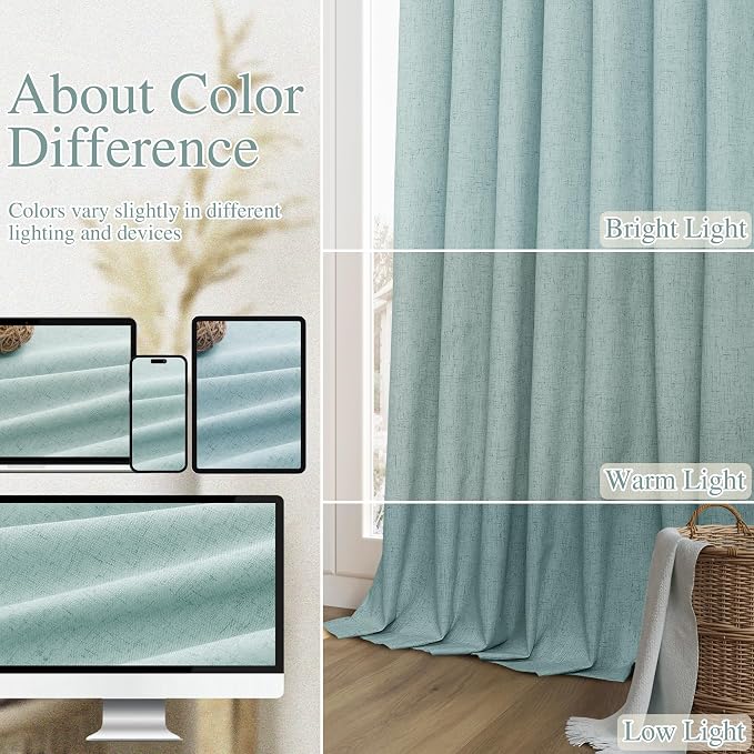 Guken Light Blue 100% Blackout Linen Curtains 100 Inch Length 2 Panels Set - Image 7