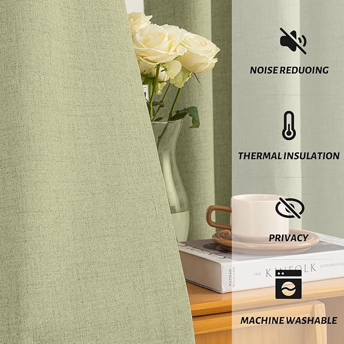 Yakamok Sage Green Linen Curtains 100% Blackout 96 Inches Long, Room Darkening - Image 5