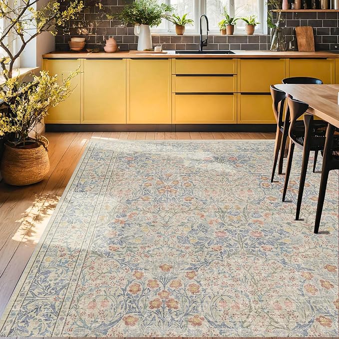Vintage Washable Beige Blue 10x12 Rug - Image 6