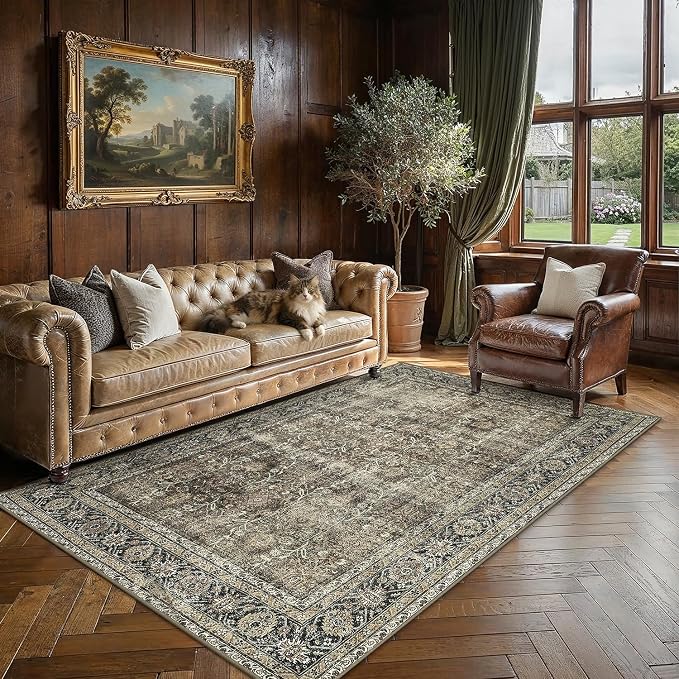 PureCozy Vintage Area Rug 5x7 Brown Soft Washable Living Room Large Carpet Non by PureCozy
