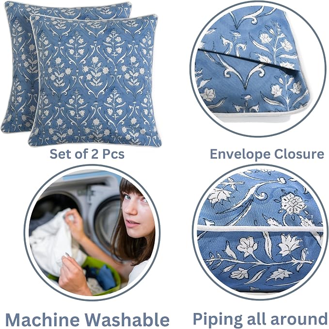 Ridhi Block Print Cornflower Blue Pillow Cover 18" x 18" Decorative Couch - Image 3