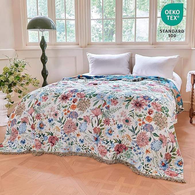MSGKV Boho Throw Blanket 60"x80" Bed Floral 100% Cotton Blanket Spring - Image 6