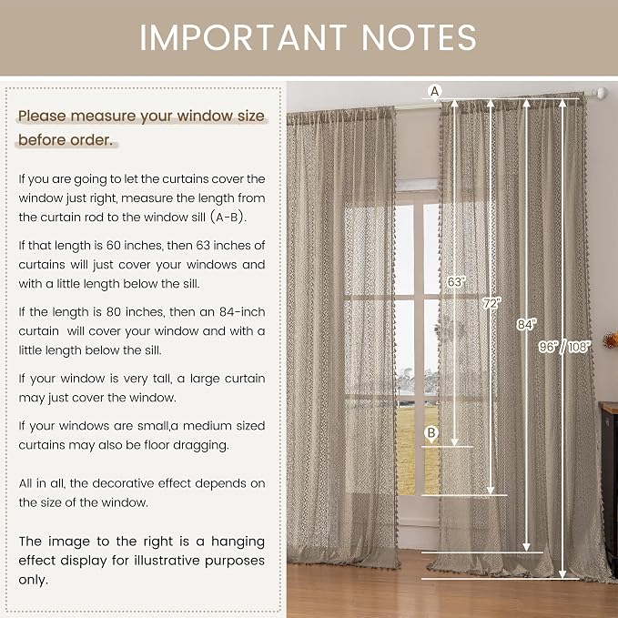 WAZZIO Boho Lace Curtains 63 Inches 2 Panel, Light Filtering Privacy Tassel & - Image 6