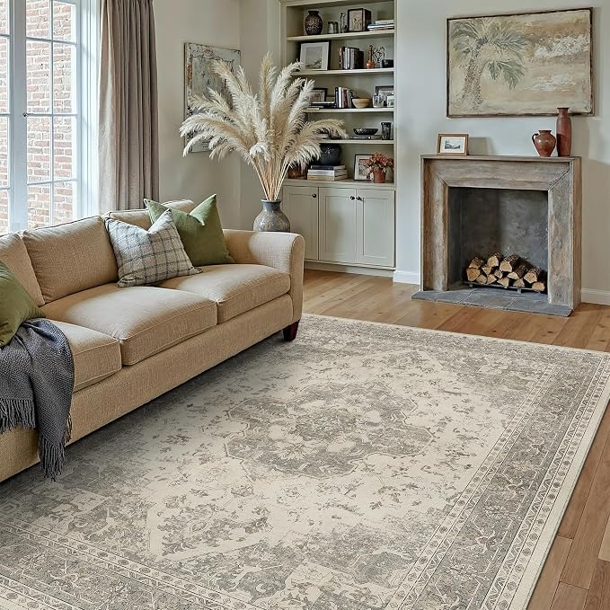 PureCozy 8x10 Washable Area Rug Beige Grey Vintage Distressed Large Rug - Image 3