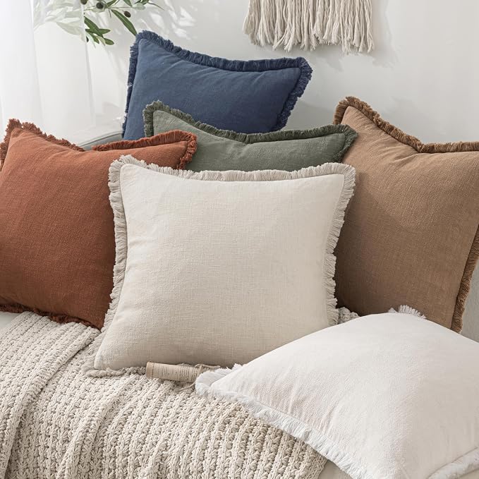 MIULEE Decorative Throw Pillow Covers Neutral Linen Fringe Throw Pillows Set of - Image 6