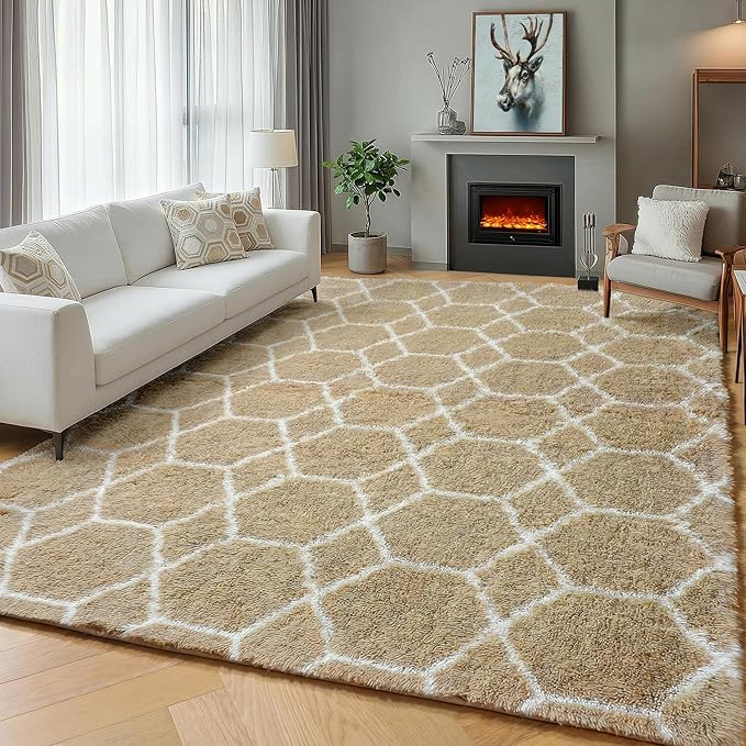 ONASAR Area Rugs for Bedroom Living Room, 4x6 Fluffy Beige and White Throw Rug by ONASAR