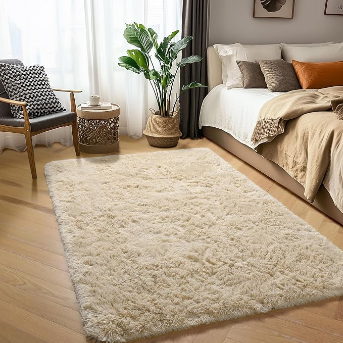 Amdrebio Beige Area Rugs for Bedroom Kids Room, Fluffy Plush Shaggy Furry Fuzzy - Image 3