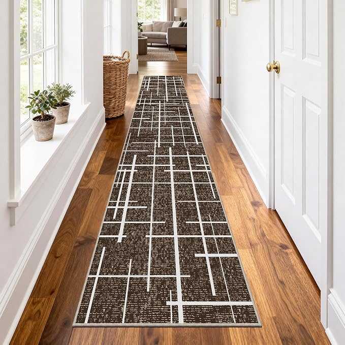 Non Slip Hallway Runner Rug 2.6x12, Modern Distressed Stripe, Washable Extra by TTelephant