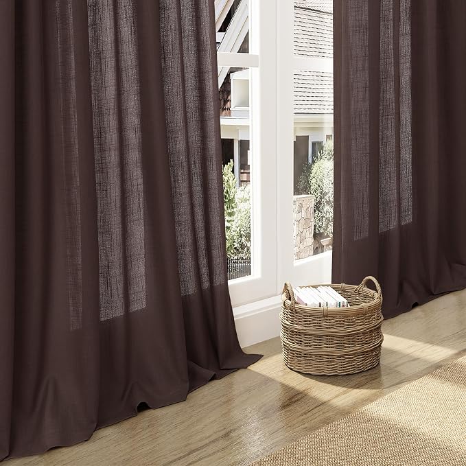 Nanspring Coffee Linen Semi Sheer Curtains 108 Inches Long 2 Panels Set Back - Image 6