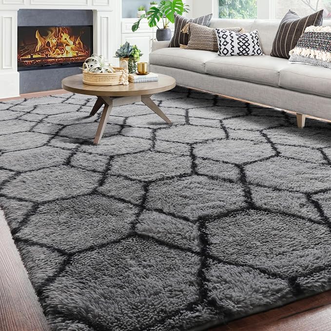 ONASAR 7x9 Area Rugs for Living Room Bedroom, Large Fluffy Grey and Black Throw - Image 3