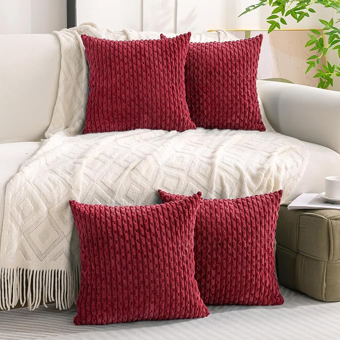 Set of 4 Burgundy Decorative Throw Pillow Covers 16x16 Inch Corduroy Pillow - Image 2